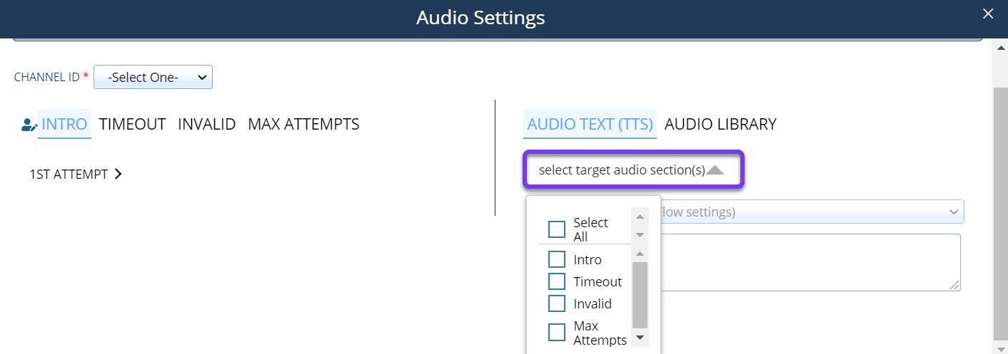 An Audio Settings pop-up window with the target audio sections drop-down list showing available options for a Menu Tree action